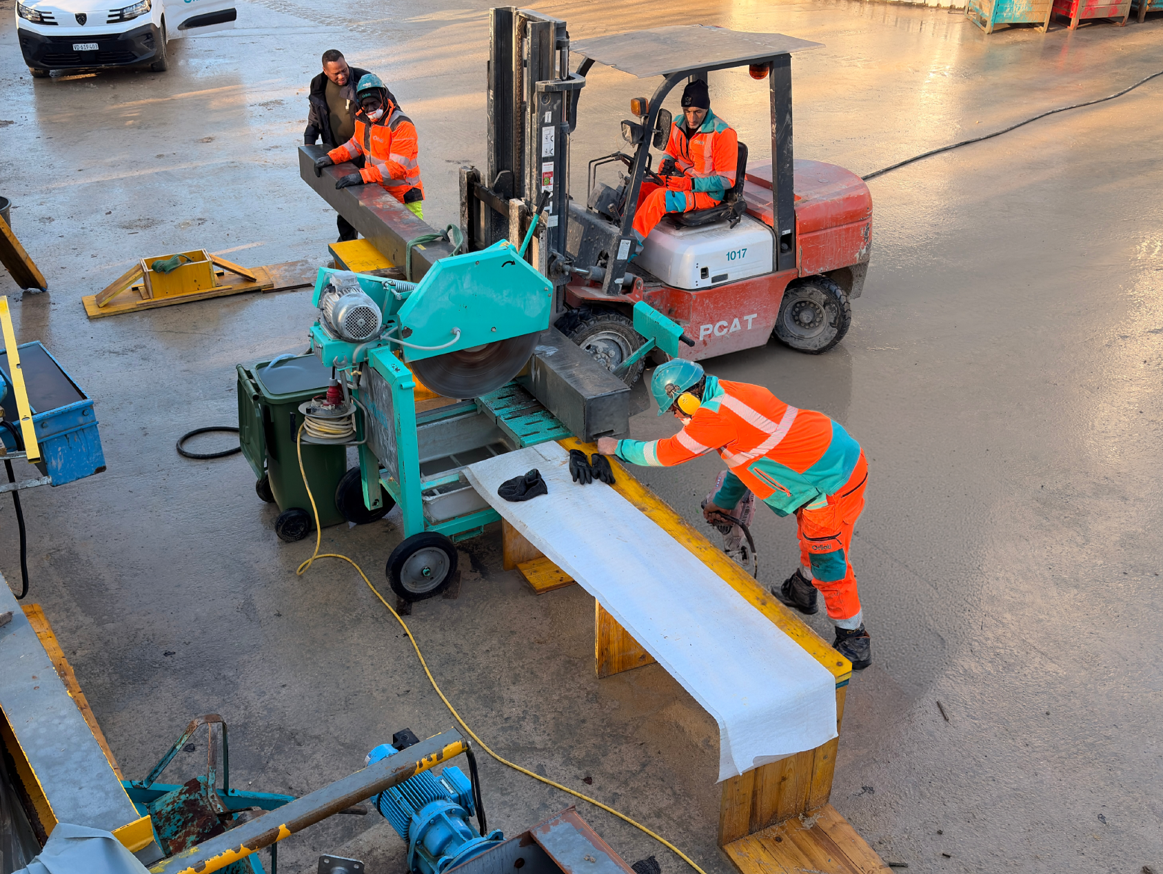 The prototype production line processing a recovered concrete beam
