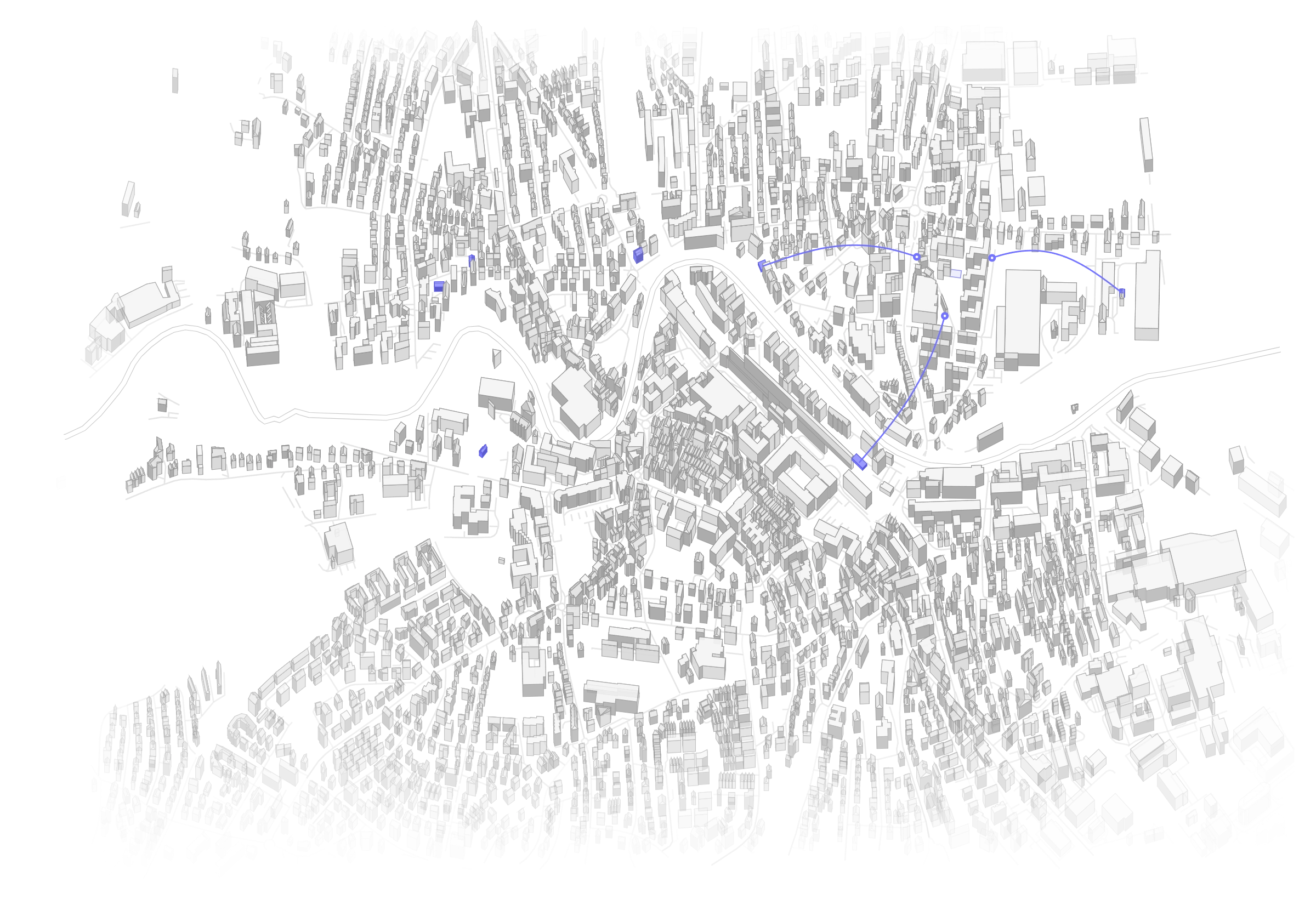 An animated three-dimensional neighbourhood. Buildings are dismantled, violet material flows reach empty sites, and new buildings rise and become grey.